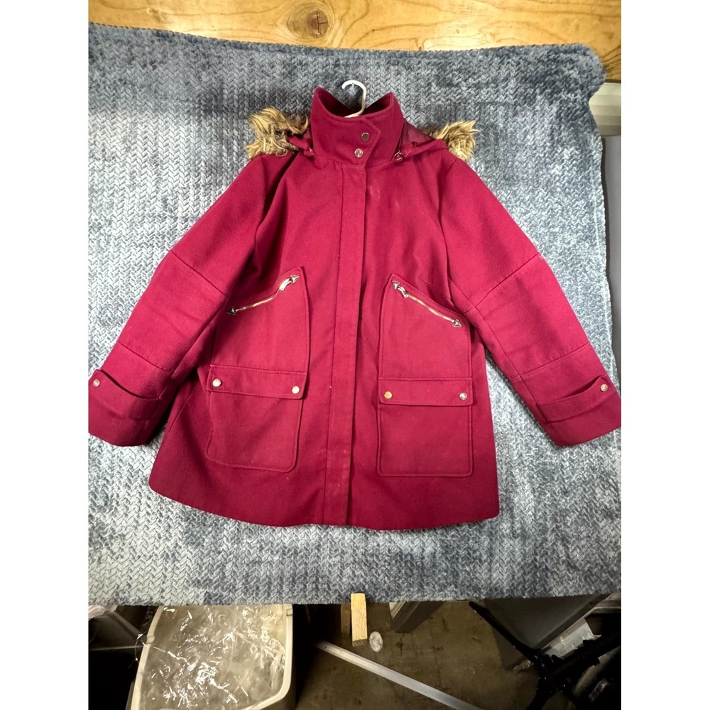 Ashley Stewart Pea Coat Womens 18/20 Cherry Red Lined Faux Fur Hooded Mock Neck